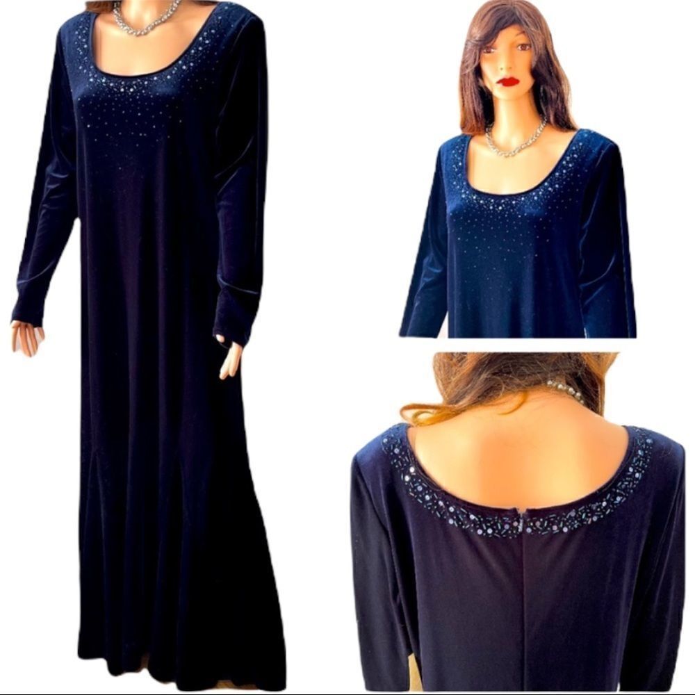 J.R. Nites Navy Velvet Sequined Gown Size 14W NWT